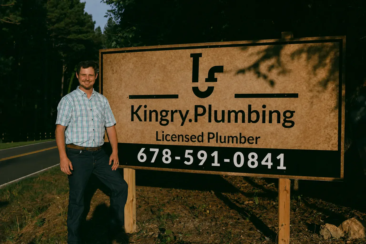 Seth Kingry standing next to the hand-built Kingry.Plumbing roadside sign in Rome, Georgia.